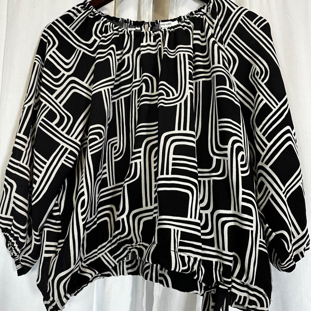 Nine West Retro Black White Geometric Print Bardot Off Shoulder Blouse‎ Top XL